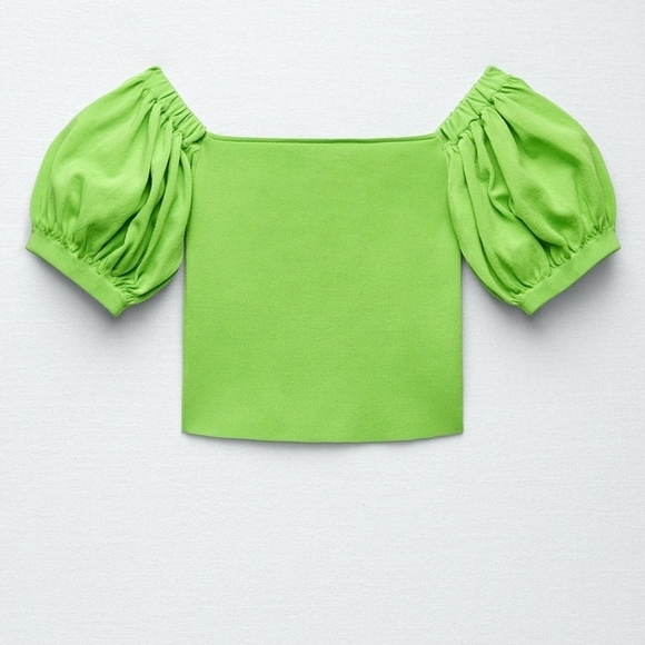 ZARA KNIT TOP WITH BALLOON SLEEVES neon green off the shoulder medium - Picture 1 of 11